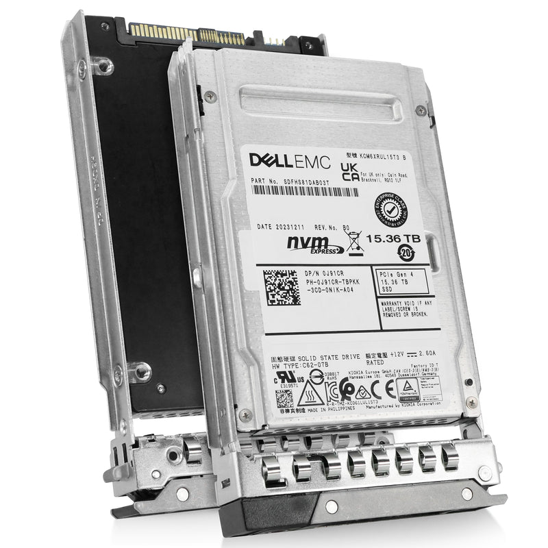 Dell G14 0J91CR 15.36TB 1 DWPD PCIe Gen 4.0 x4 8GB/s 3D TLC U.3 NVMe 2.5in Solid State Drive, combine angled view