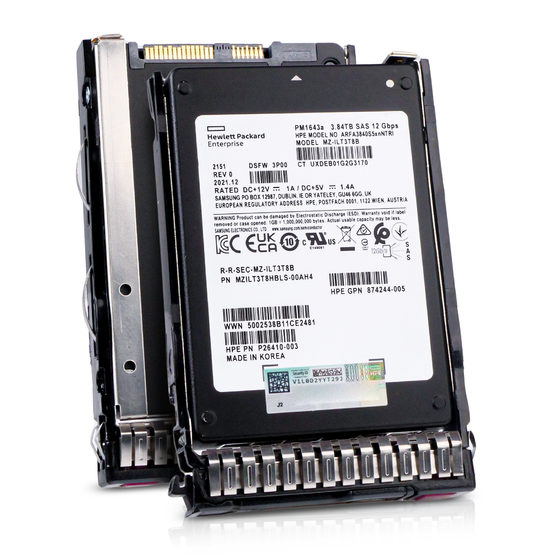 HPE Samsung PM1643a 3.84TB SAS 12Gbps 2.5-inch enterprise SSD mounted in a silver hot-swap drive caddy, shown from two angles