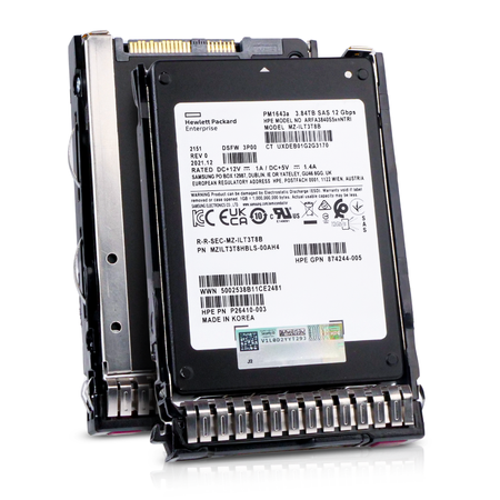 HPE Samsung PM1643a 3.84TB SAS 12Gbps 2.5-inch enterprise SSD mounted in a silver hot-swap drive caddy, shown from two angles