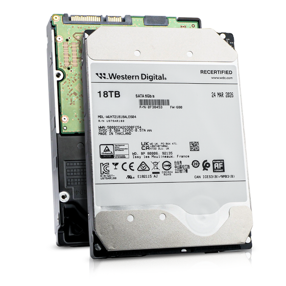 Western Digital Ultrastar DC HC550 WUH721818ALE604 0F38453 18TB 7.2K RPM SATA 6Gb/s 512e Power Disable 3.5in Recertified HDD