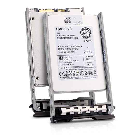 Two Dell EMC 3.84TB SATA SSDs (model HFS3TBG3H2X069N) in Dell drive caddies, shown front and behind.
