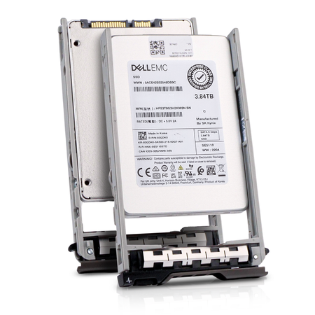 Two Dell EMC 3.84TB SATA SSDs (model HFS3TBG3H2X069N) in Dell drive caddies, shown front and behind.