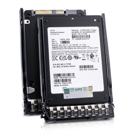 Front and rear view of HPE PM1643a 3.84TB SAS 12Gb/s SSD in HPE Smart Carrier, enterprise solid state drive storage unit.