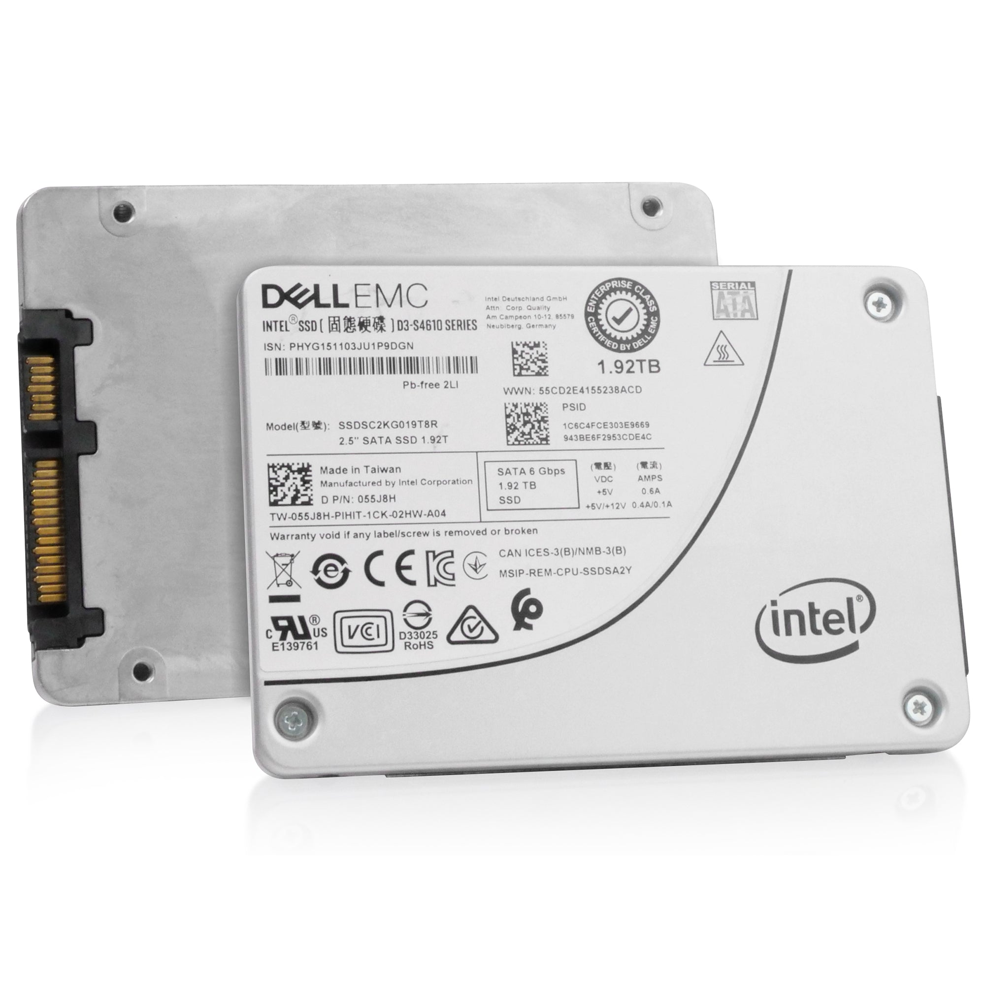 Dell/Intel S4610 SSDSC2KG019T8R 1.92TB 3 DWPD SATA 6Gb/s 3D TLC 2.5in Refurbished SSD, combine angled view