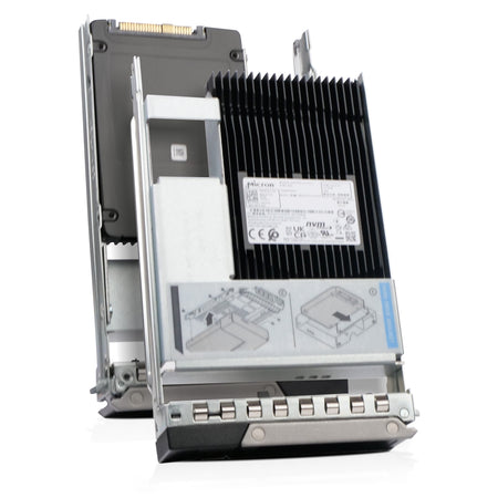 Two silver metal server drive caddies are shown side-by-side, each holding a black Micron solid-state drive (SSD) with a large black heatsink and installation diagrams printed on the side of the front caddy.