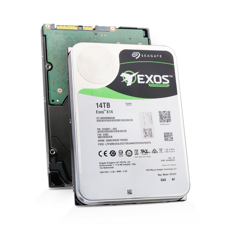 A pair of 3.5-inch Seagate Exos X14 14TB enterprise hard drives shown from two different perspectives. The front drive is upright, displaying its silver metallic top cover and a large white technical label with the 'Exos Enterprise' logo, barcodes, and model number ST14000NM0048. Behind it, a second drive is angled to reveal its black underside, featuring a green L-shaped printed circuit board (PCB) with gold-plated SAS connector pins.