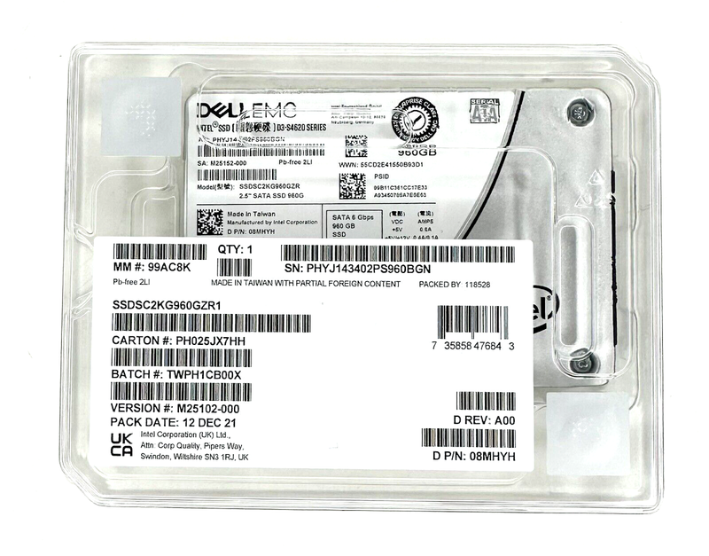 Intel S4620 SSDSC2KG960GZR 08MHYH 960GB SATA 6Gb/s 3D TLC 3DWPD 2.5in Solid State Drive