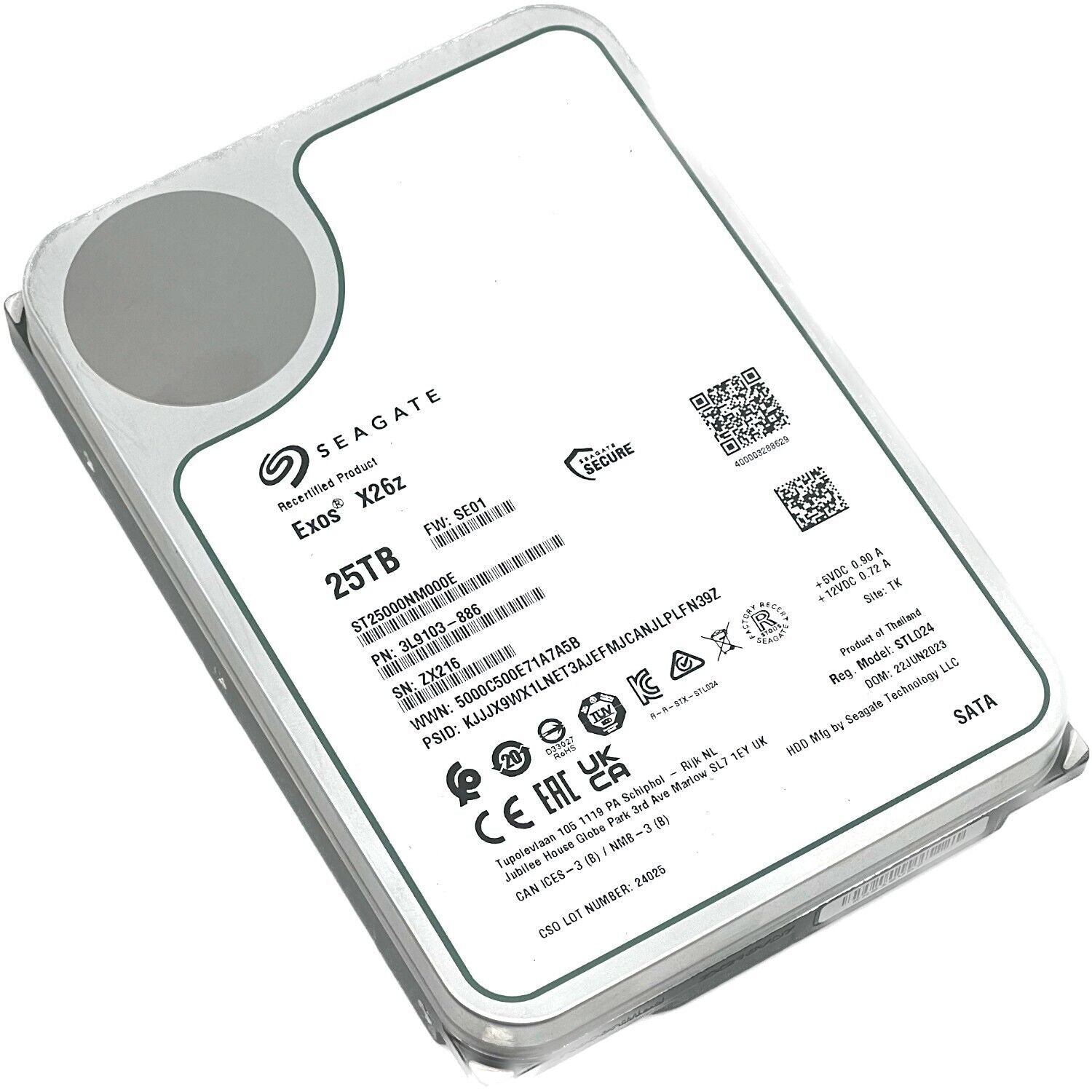 Seagate Exos X26Z ST25000NM000E 25TB 7.2K RPM SATA 6Gb/s 512e Host Managed SMR 3.5in Recertified Hard Drive