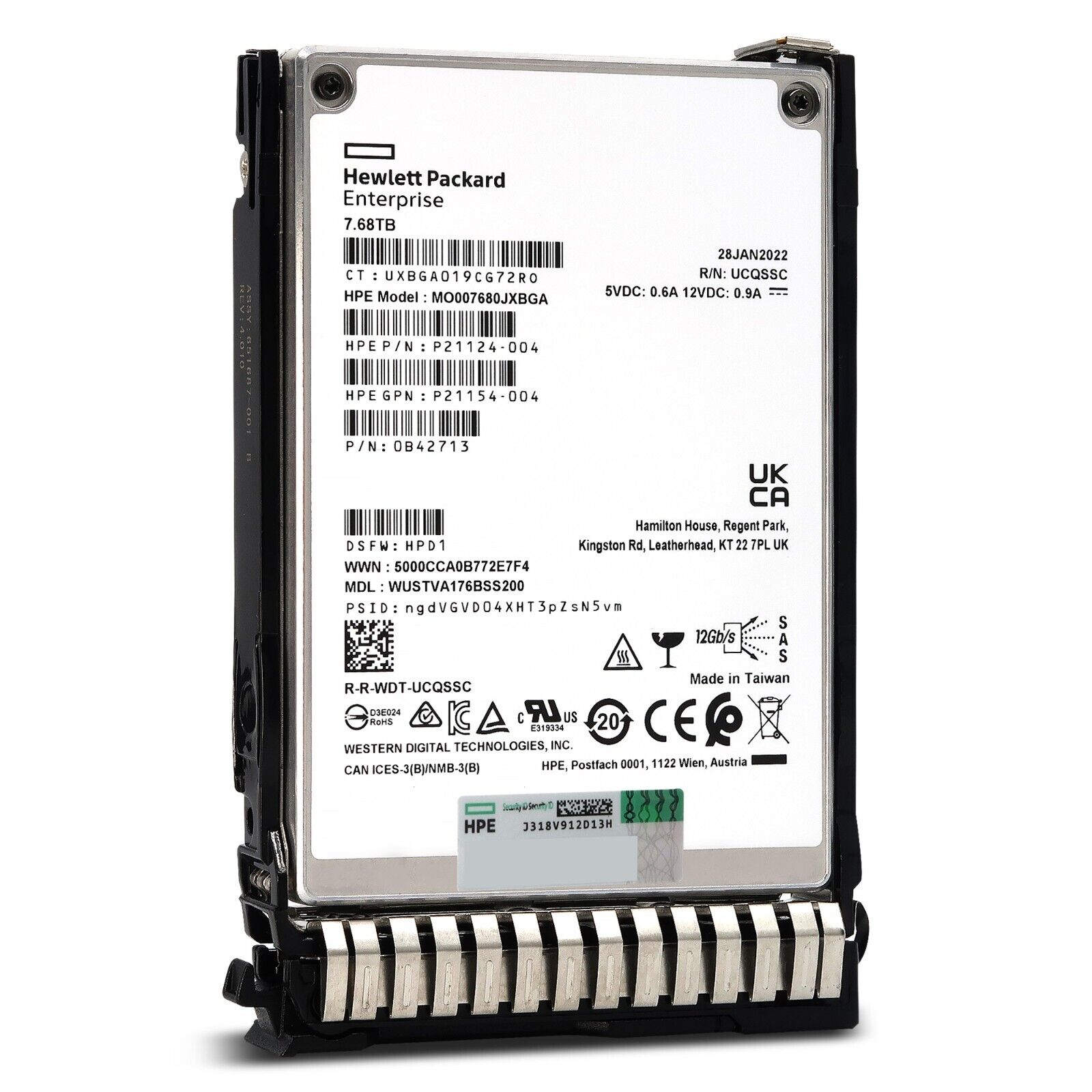 HP Generation 8 P21145-B21 WUSTVA176BSS200 7.68TB SAS 12Gb/s 1DWPD ISE 2.5in Solid State Drive - Front View