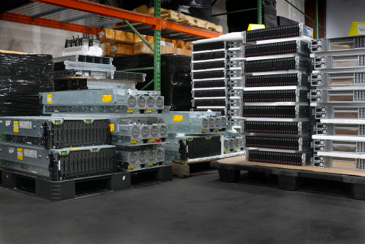Rows of tested rack servers on warehouse shelving