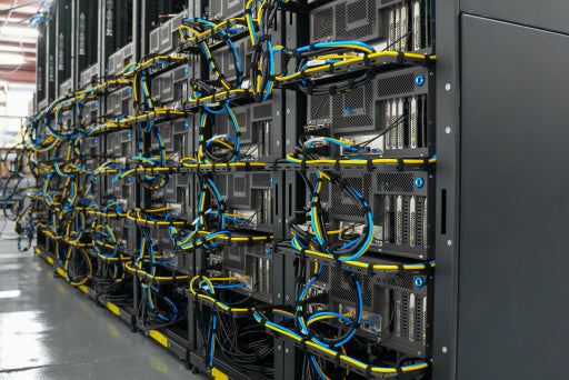 Cabled server racks inside the testing area