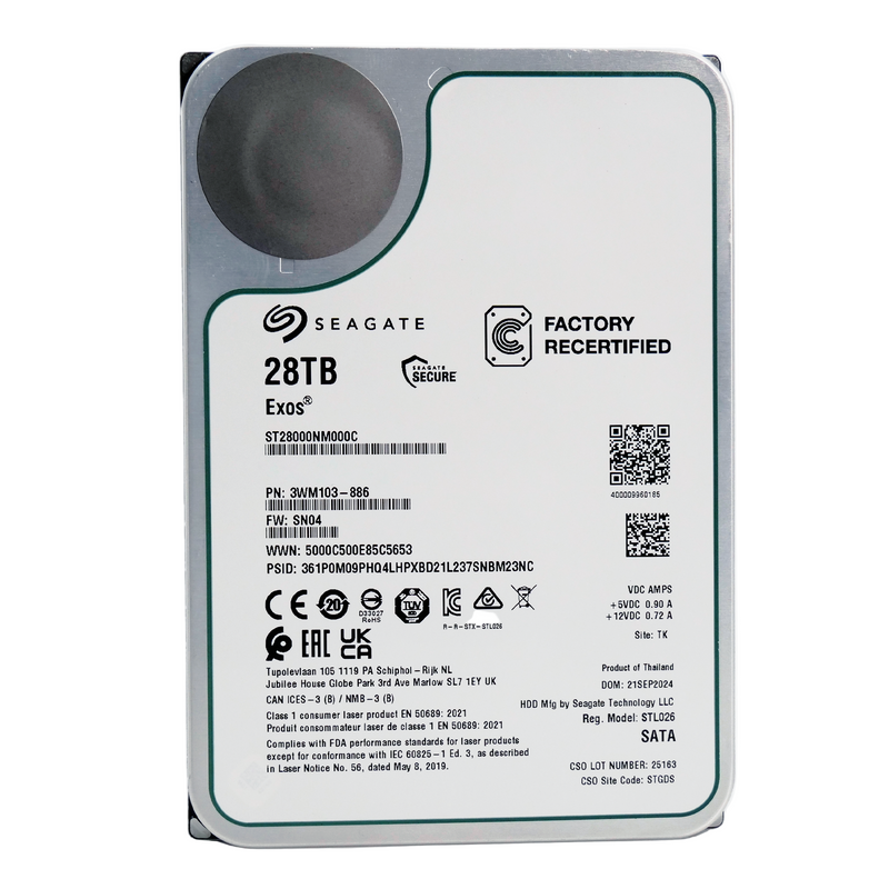 Seagate Exos ST28000NM000C 28TB 7.2K RPM SATA 6Gb/s 512e CMR 3.5in Recertified Hard Drive, front view