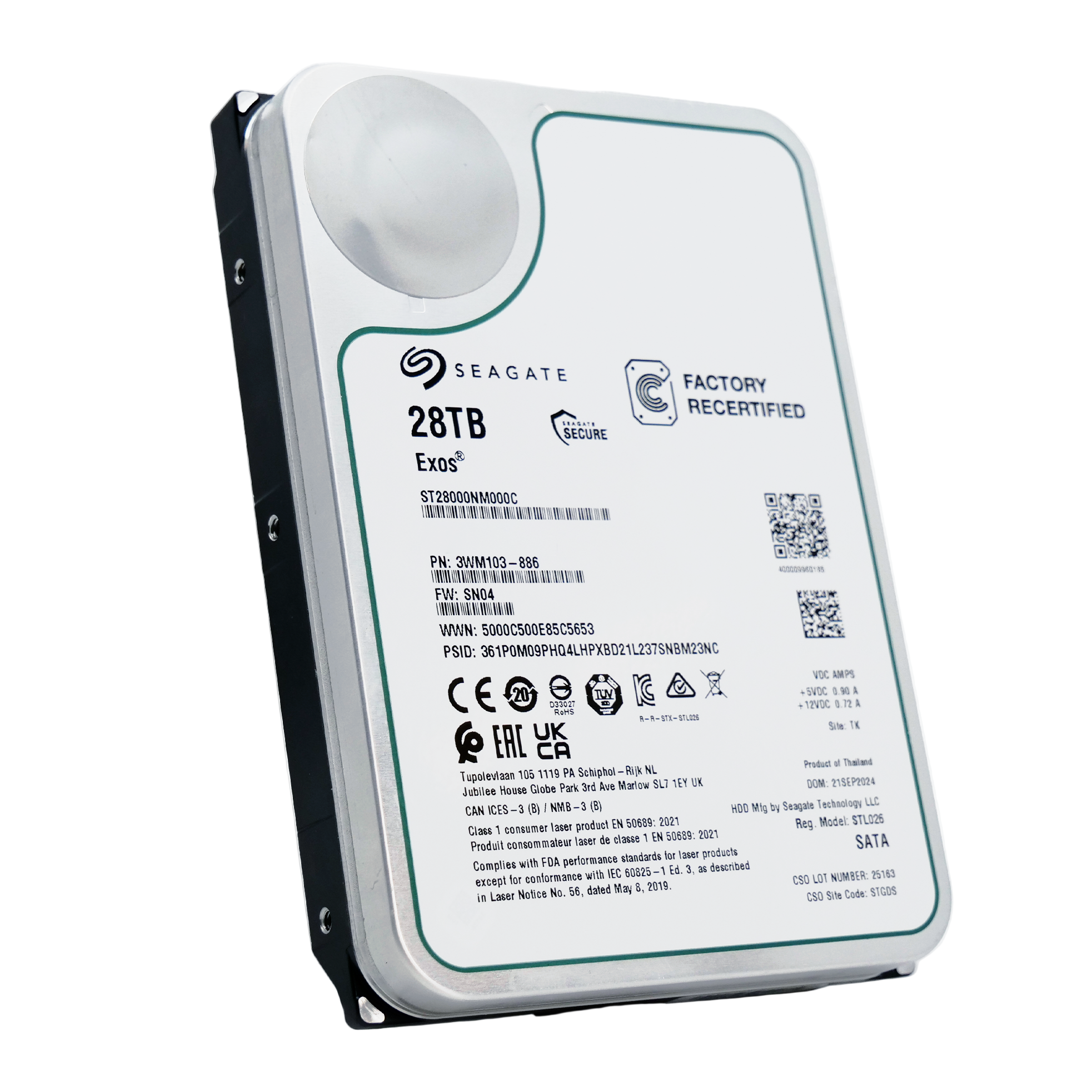 Seagate Exos ST28000NM000C 28TB 7.2K RPM SATA 6Gb/s 512e CMR 3.5in Recertified Hard Drive, front angled view