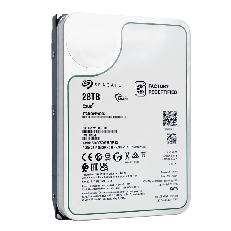 Seagate Exos ST28000NM000C 28TB 7.2K RPM SATA 6Gb/s 512e CMR 3.5in Recertified Hard Drive, front side view