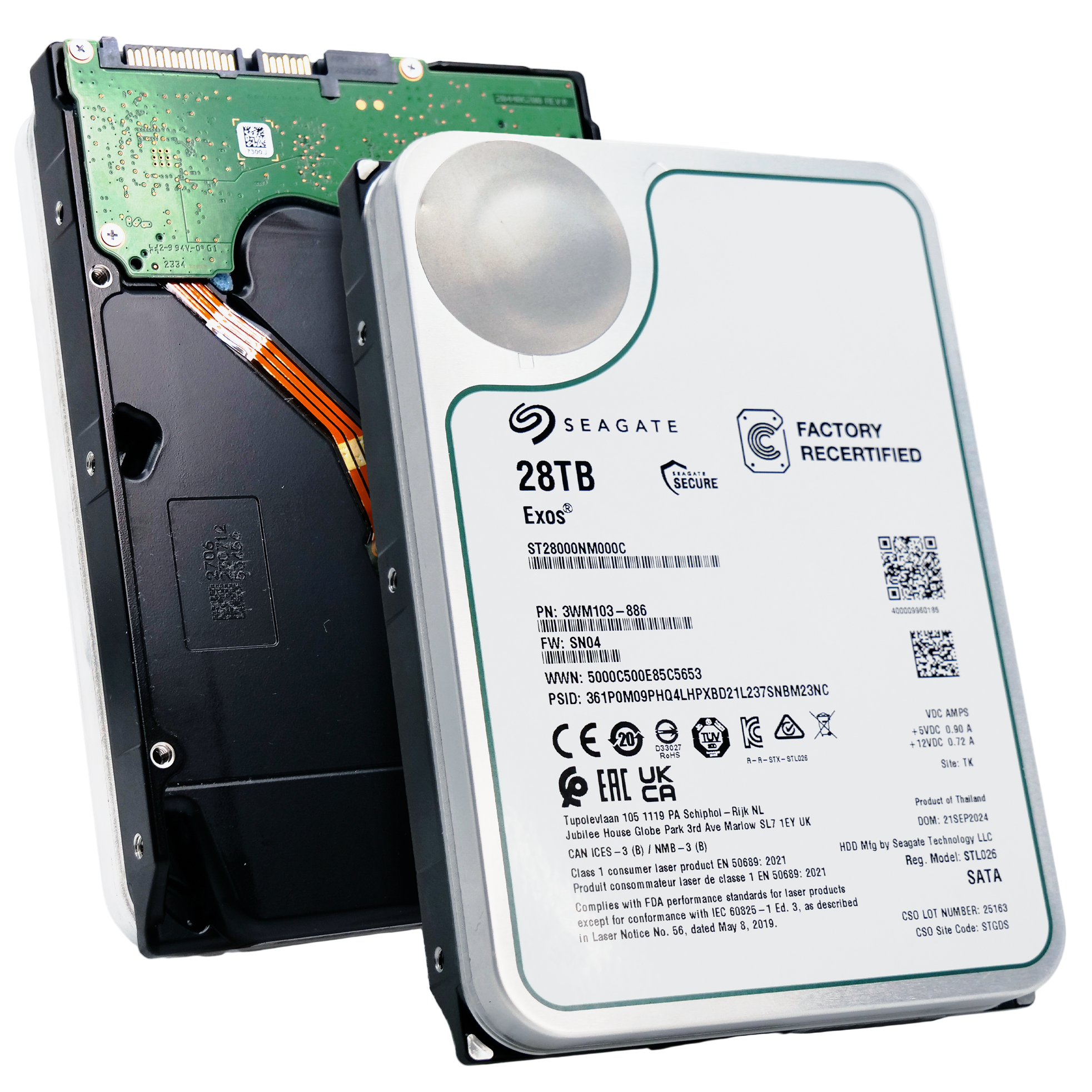 Seagate Exos ST28000NM000C 28TB 7.2K RPM SATA 6Gb/s 512e CMR 3.5in Recertified Hard Drive, combine angled view