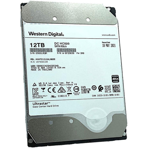 Western Digital Ultrastar DC HC520 HUH721212ALN600 0F29630 12TB 7.2K RPM SATA 6Gb/s 4Kn 3.5in Recertified Hard Drive