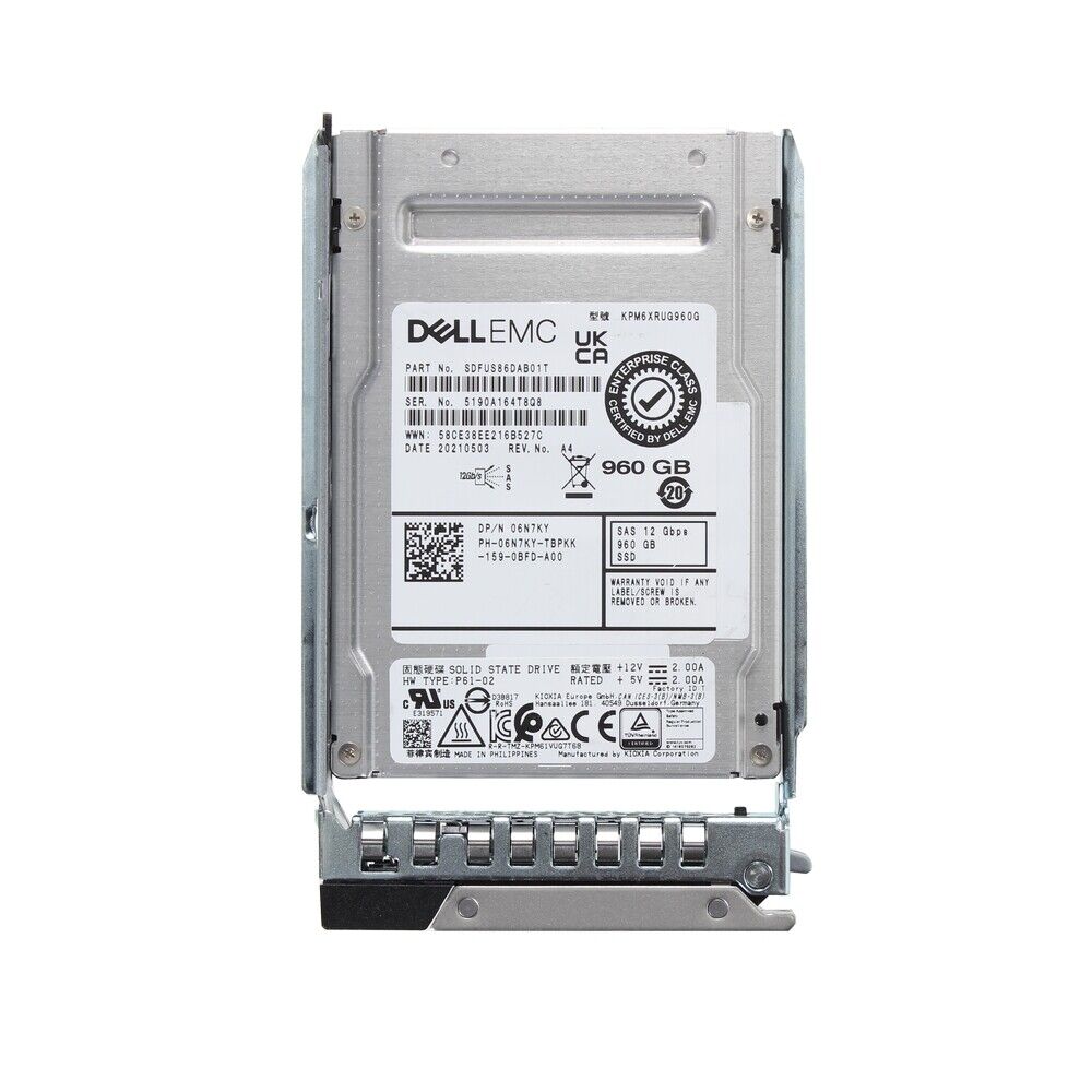 Dell G14 6N7KY KPM6XRUG960G 960GB SAS 12Gb/s 1DWPD Read Intensive 2.5in Recertified Solid State Drive