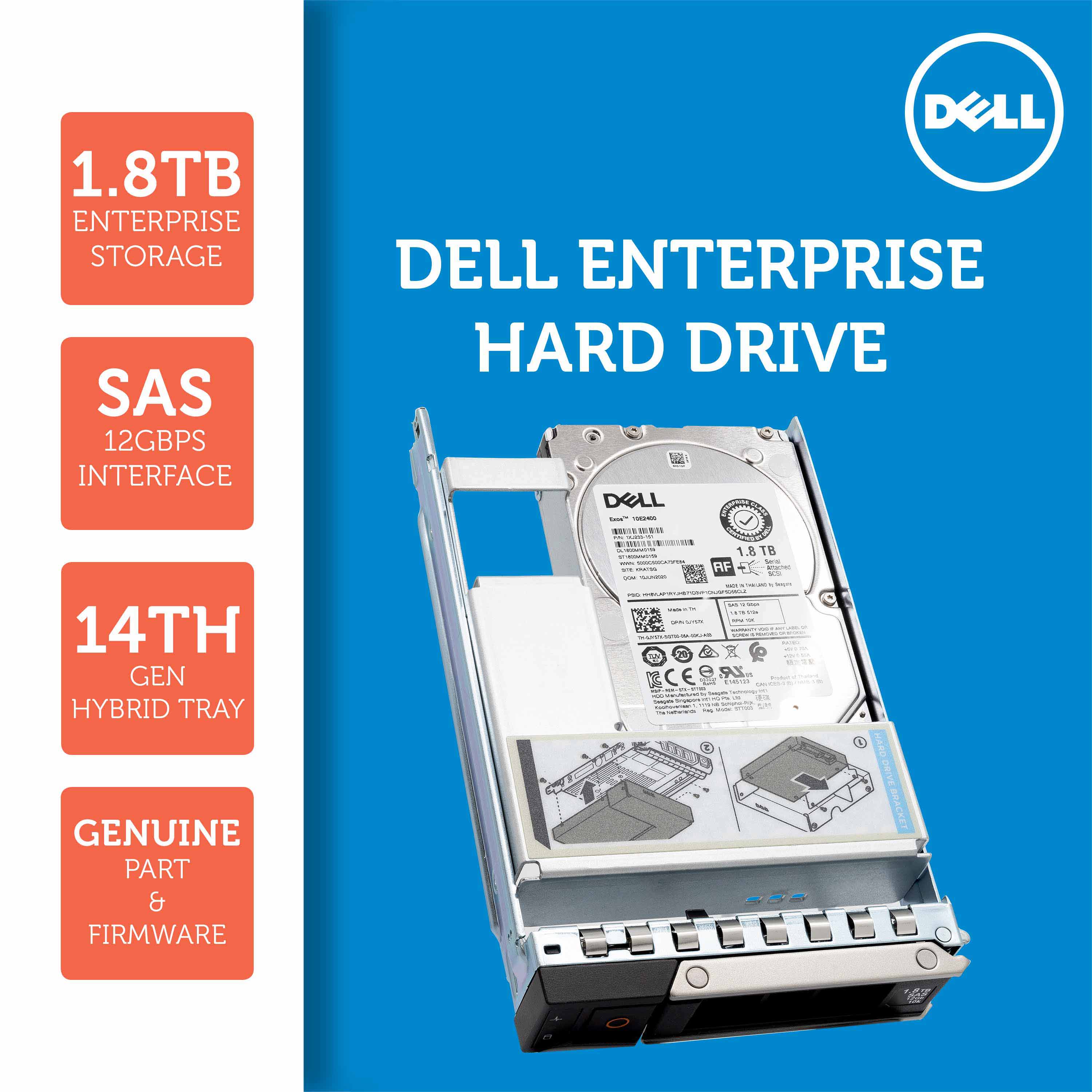 Dell G14 0J1K10 1.8TB 10K RPM SAS 12Gb/s 512e 2.5" to 3.5" Hybrid Hard Drive
