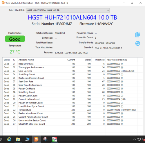 WD HGST Ultrastar DC HC510 HUH721010ALN604 0F27504 smart info