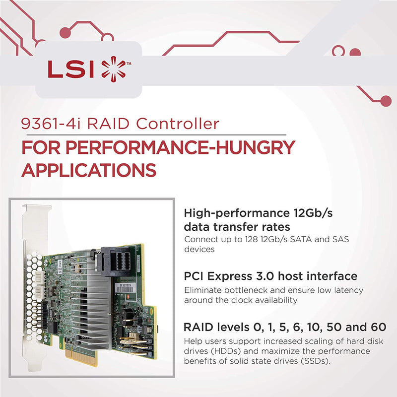 LSI Logic LSI00415 MegaRAID 9361-4i PCIe 12Gb/s SAS+SATA RAID Controller - Manufacturer Recertified