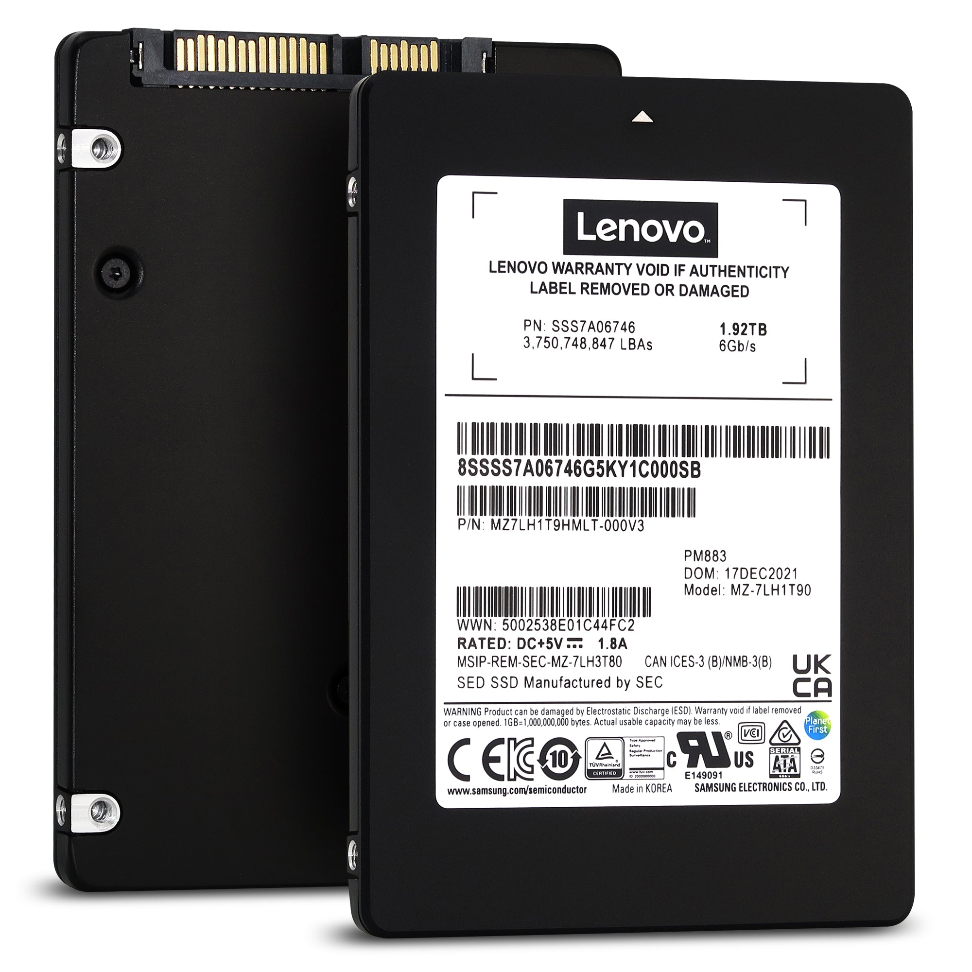 Lenovo PM883 MZ7LH1T9HMLT SSS7A06746 1.92TB SATA 6Gb/s 3D TLC 1.3DWPD 2.5in Refurbished SSD