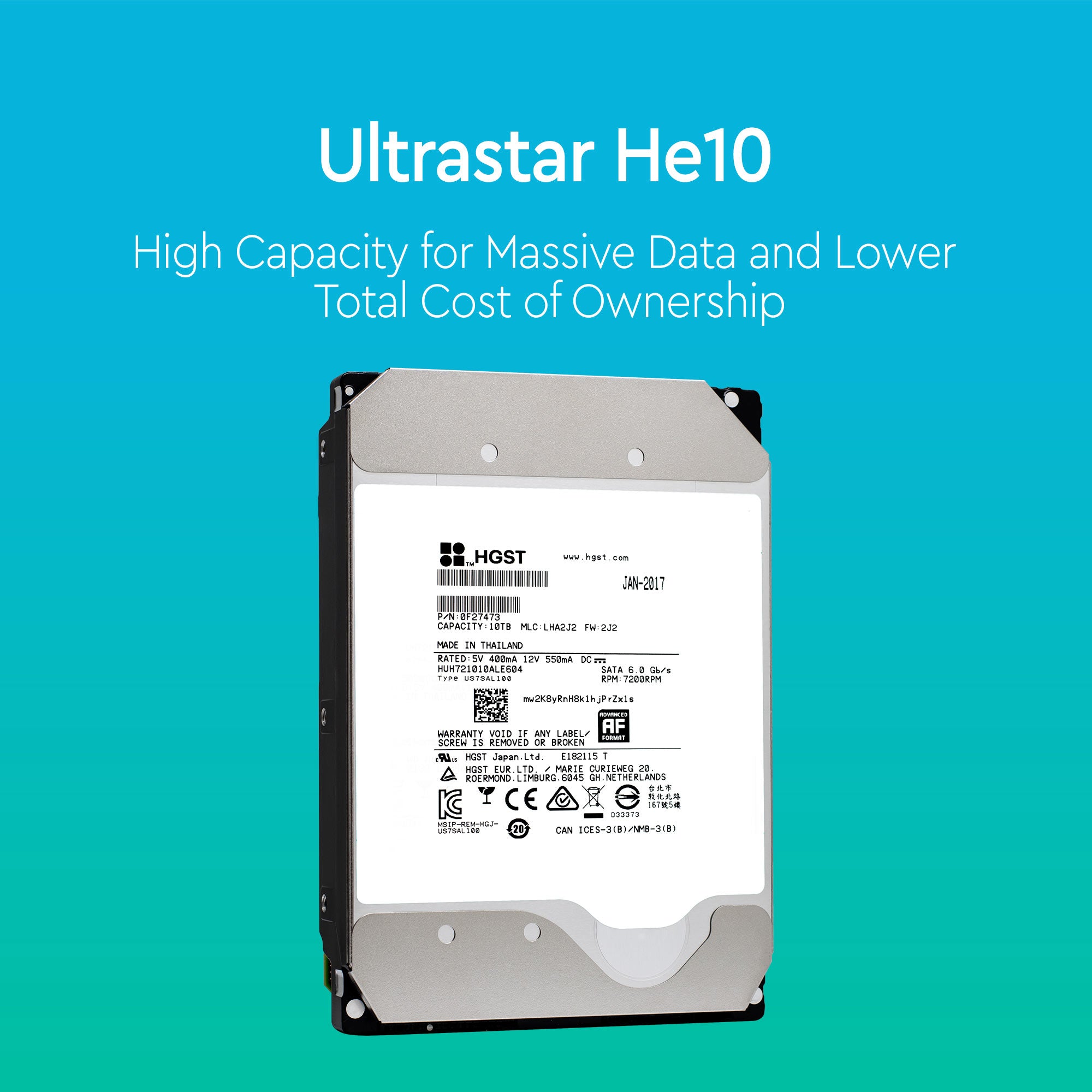 HGST Ultrastar He10 0F27473 HUH721010ALE604 10TB 7.2K RPM SATA 6Gb/s 512e 256MB Cache 3.5" SE Power Disable Pin Hard Drive