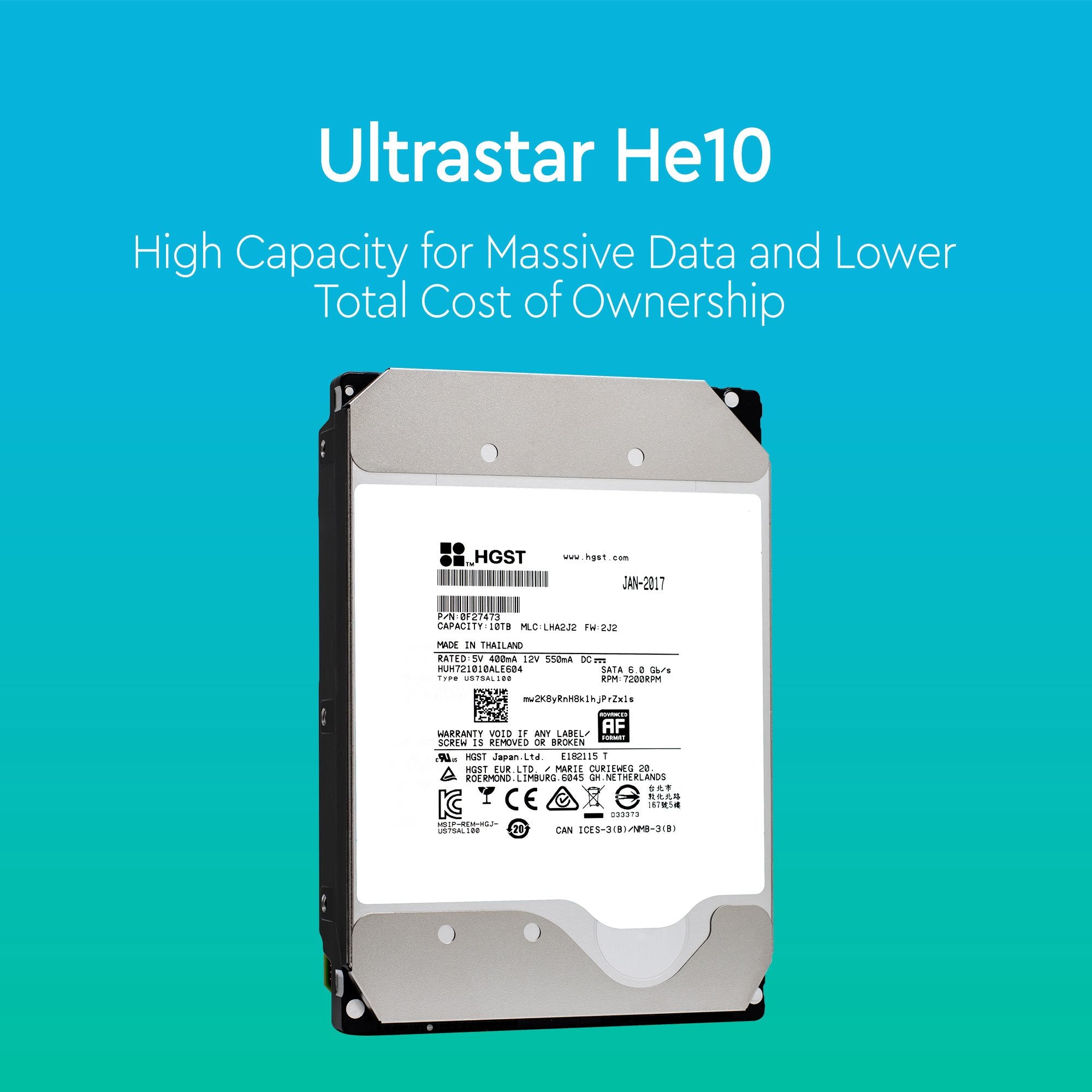 HGST Ultrastar He10 HUH721010ALE604 0F27473 10TB 7.2K RPM SATA 6Gb/s 512e 256MB 3.5" SE Power Disable Pin Manufacturer Recertified HDD - Ultrastar He10