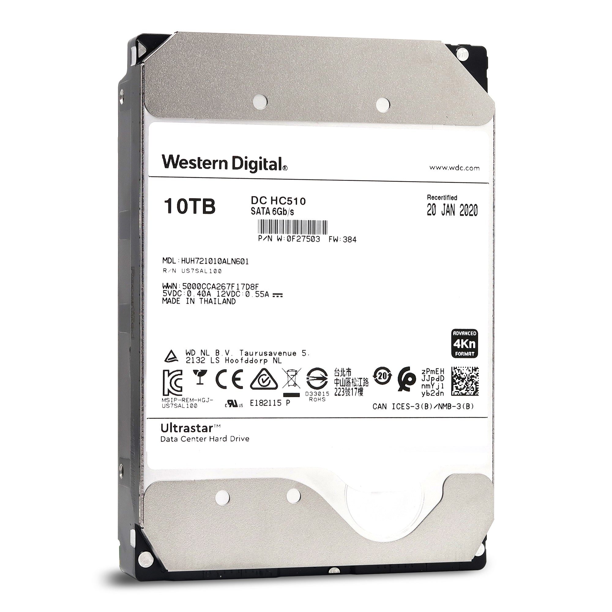 WD / HGST Ultrastar He10 / HC510 HUH721010ALN601 0F27503 10TB 7.2K RPM SATA 6Gb/s 4Kn 256MB 3.5" SED Power Disable Pin Manufacturer Recertified HDD - Front View