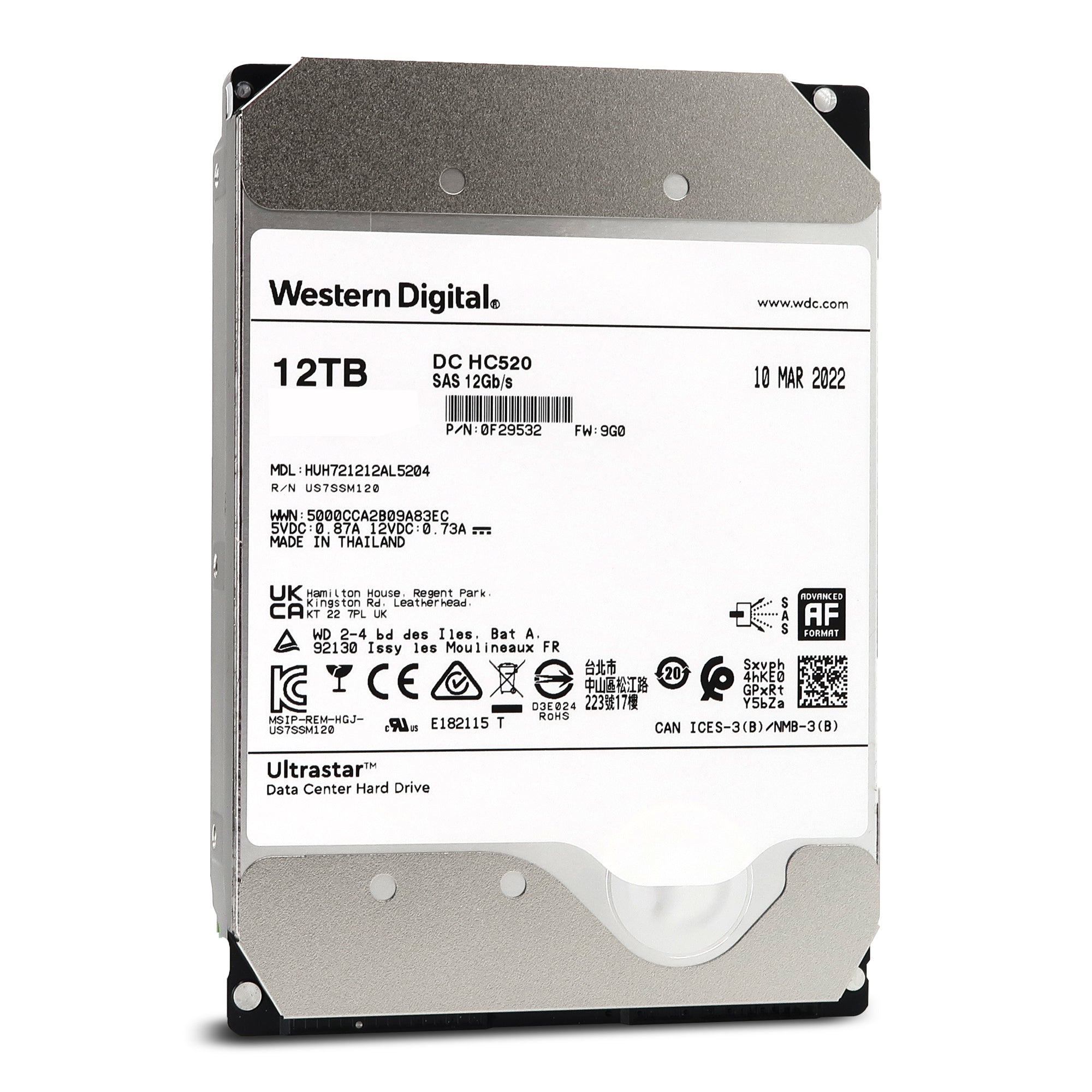 HGST Ultrastar He12 HUH721212AL5204 0F29532 12TB 7.2K RPM SAS 12Gb/s 512e 256MB 3.5" SE Hard Drive Front View