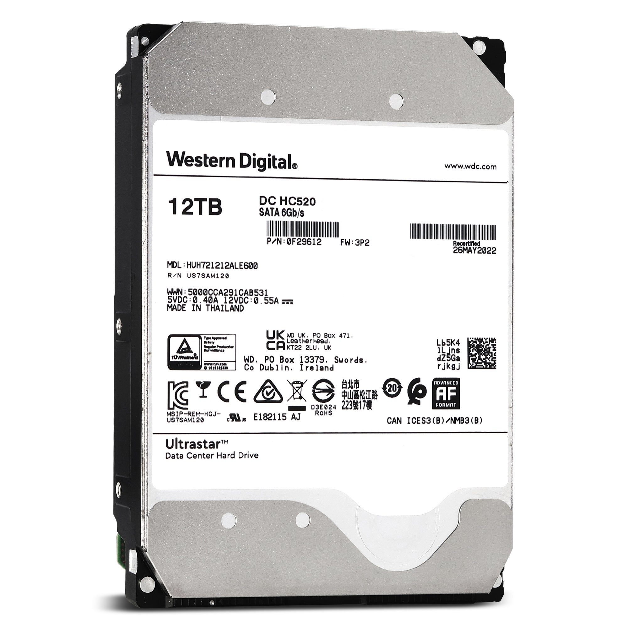 Western Digital Ultrastar DC HC520 HUH721212ALE600 0F29612 12TB 7.2K RPM SATA 6Gb/s 512e Power-Disable 3.5in Recertified Hard Drive - Front View
