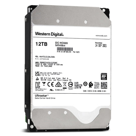 Western Digital Ultrastar DC HC520 HUH721212ALE601 0F30145 12TB 7.2K RPM SATA 6Gb/s 512e 3.5in Recertified Hard Drive - Front View