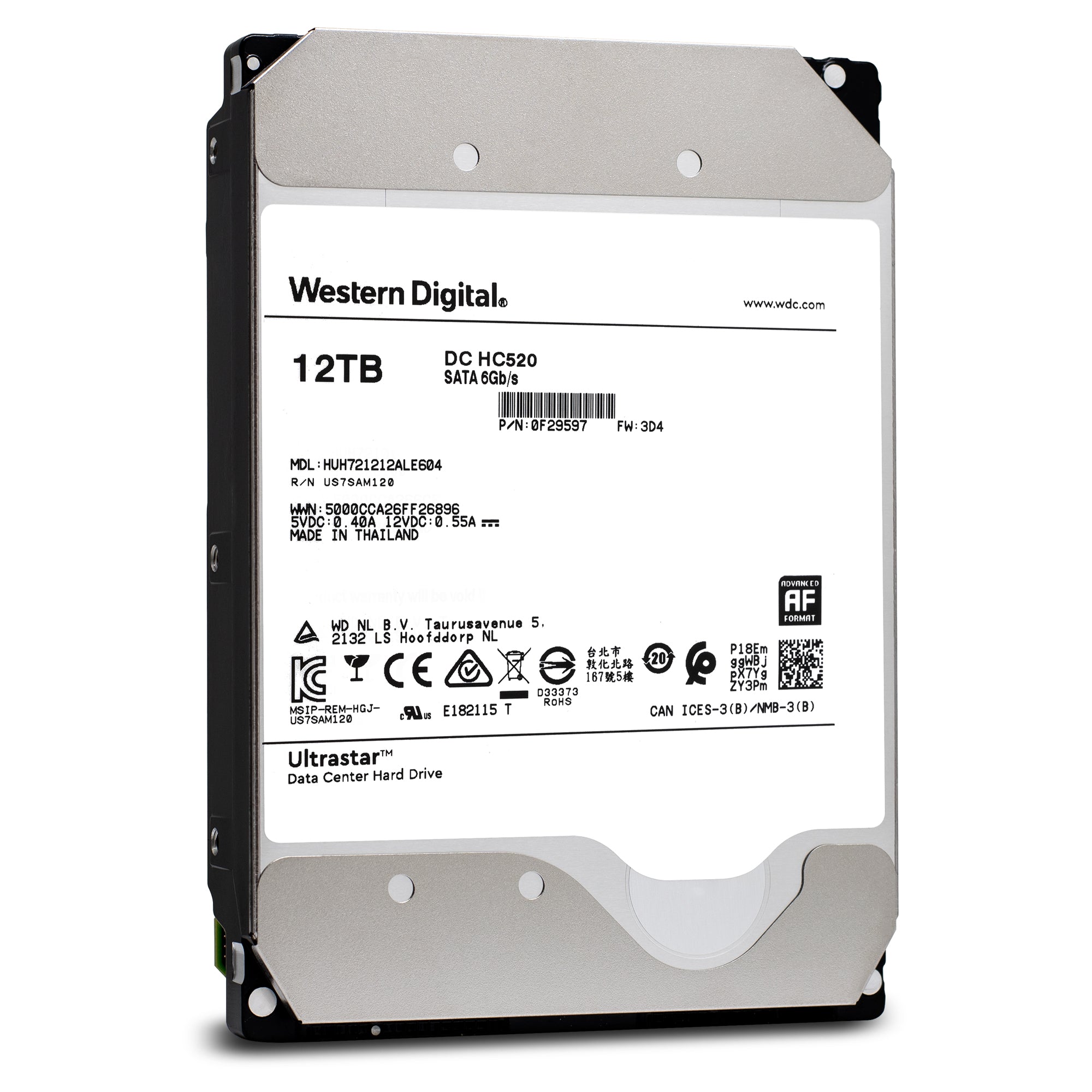 Western Digital Ultrastar DC HC520 HUH721212ALE604 0F29597 12TB 7.2K RPM SATA 6Gb/s 512e SE Power Disable Pin 3.5in Refurbished HDD Front View
