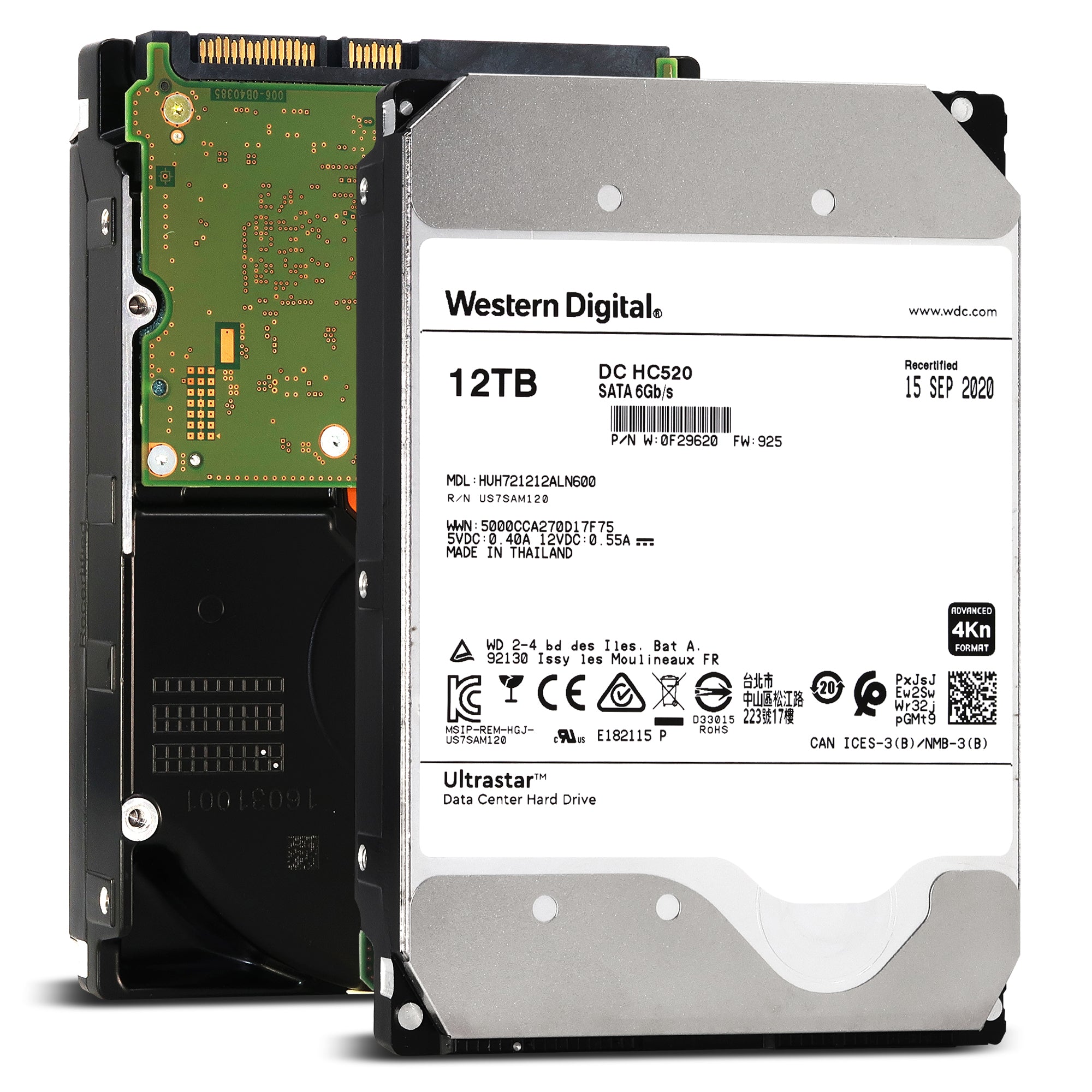 WD Ultrastar HC520 HUH721212ALN600 0F29620 12TB 7.2K RPM SATA 6Gb/s 4Kn 256MB 3.5" ISE Power Disable Pin Manufacturer Recertified HDD