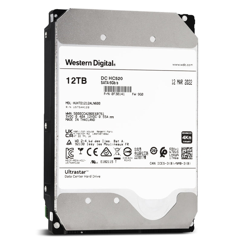 HGST / WD Ultrastar He12 / HC520 HUH721212ALN600 0F30141 12TB 7.2K RPM SATA 6Gb/s 4Kn 256MB 3.5" ISE Hard Drive - Front View