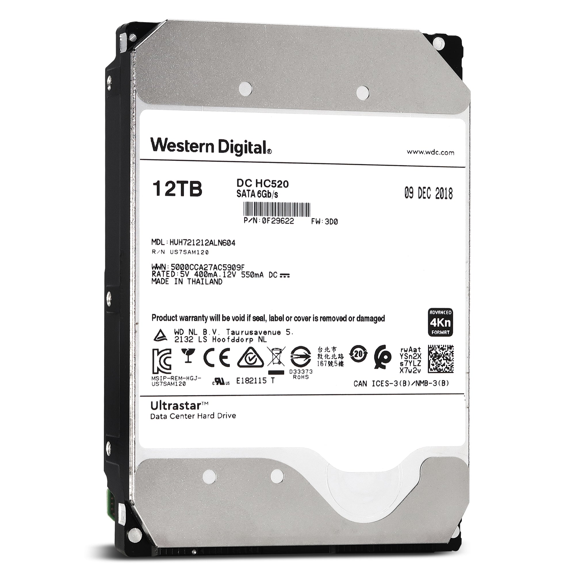 WD Ultrastar HC520 HUH721212ALN604 0F29622 12TB 7.2K RPM SATA 6Gb/s 4Kn 256MB 3.5" SE Power Disable Pin Manufacturer Recertified HDD - Front View