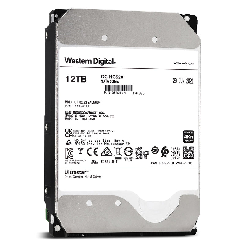 WD Ultrastar HC520 HUH721212ALN604 0F30143 12TB 7.2K RPM SATA 6Gb/s 4Kn 256MB 3.5" SE Manufacturer Recertified HDD - Front View