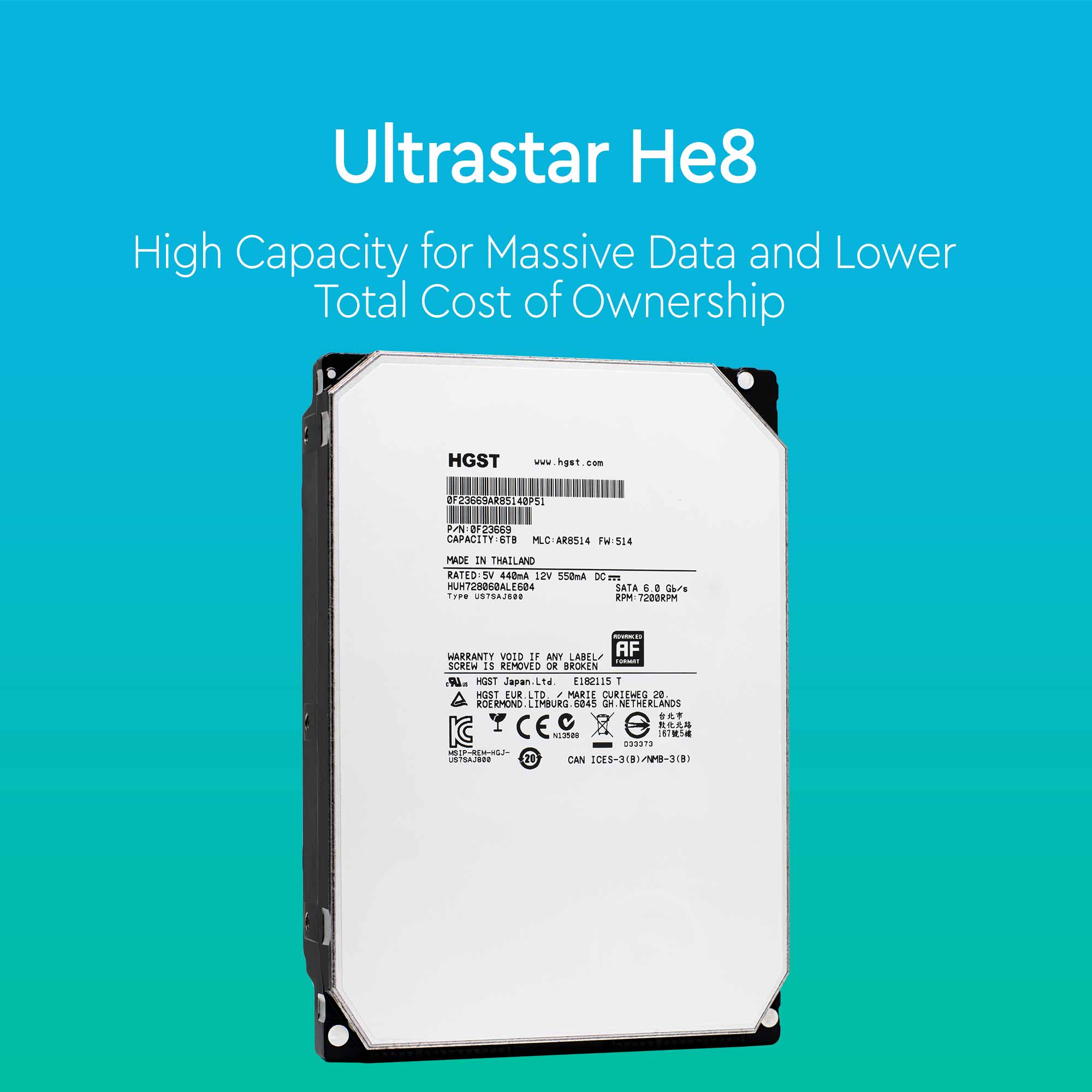 HGST Ultrastar He8 HUH728060ALE604 0F23669 6TB 7.2K RPM SATA 6Gb/s 512e 128MB 3.5" SE HDD