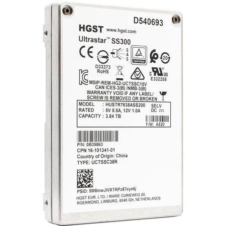 Western Digital Ultrastar DC SS300 HUSTR7638ASS200 3.84TB SAS 12Gb/s ISE 2.5in Refurbished SSD - Product Image