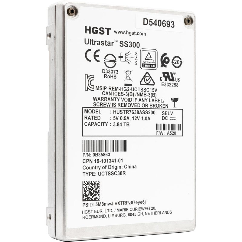Western Digital Ultrastar DC SS300 HUSTR7638ASS200 3.84TB SAS 12Gb/s ISE 2.5in Refurbished SSD - Product Image