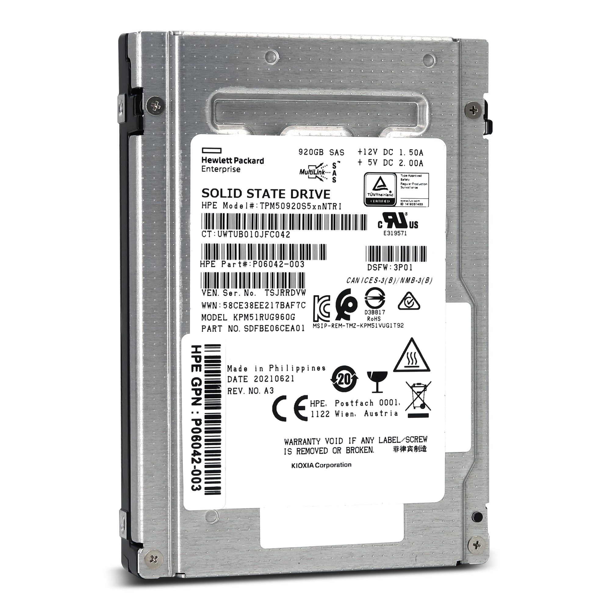 HPE PM5-R KPM51RUG960G P06042-003 920GB SAS 12Gb/s 2.5in Solid State Drive Front View