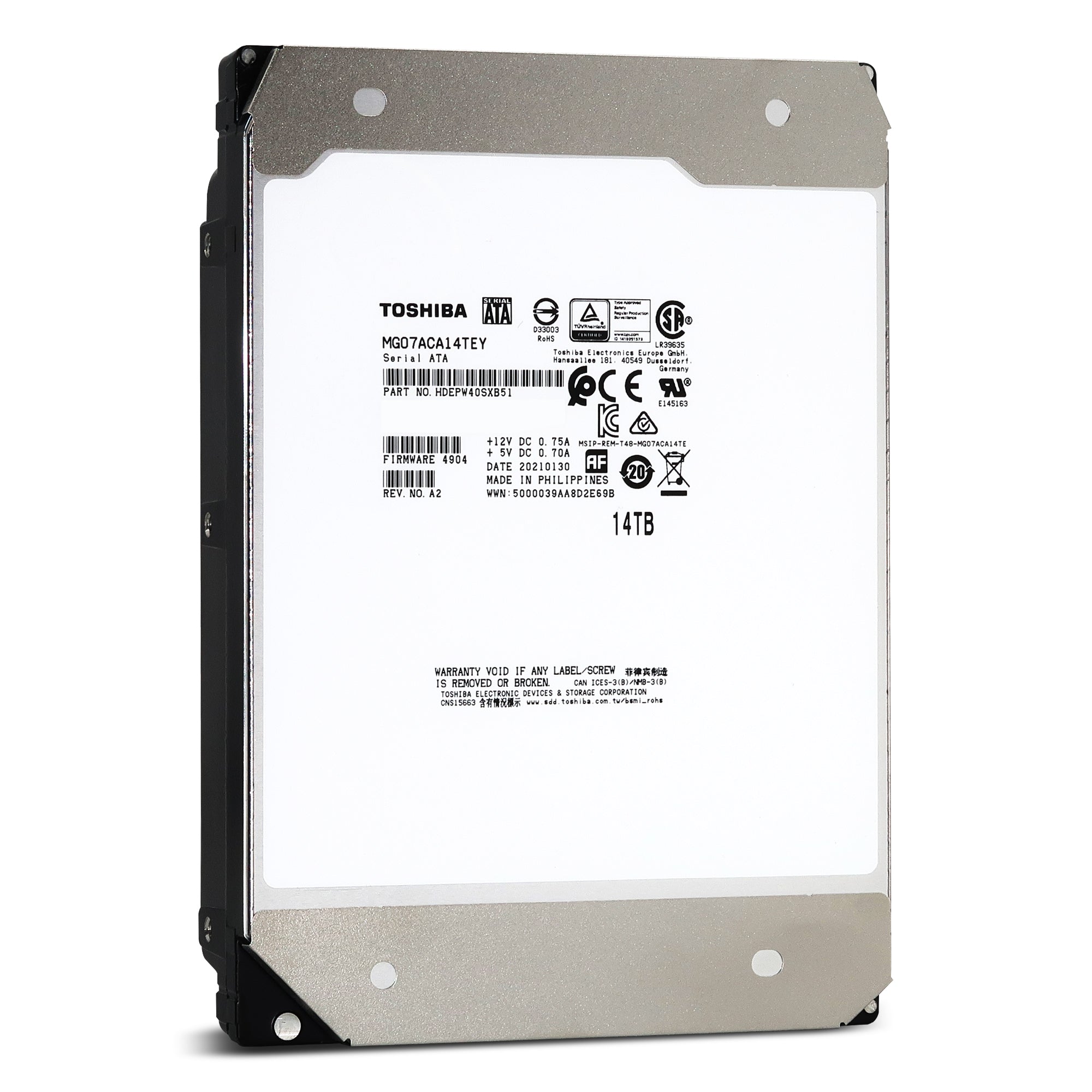 Toshiba MG07 MG07ACA14TEY 14TB 7.2K RPM SATA 6Gb/s 512e SIE 3.5in Hard Drive - Front View