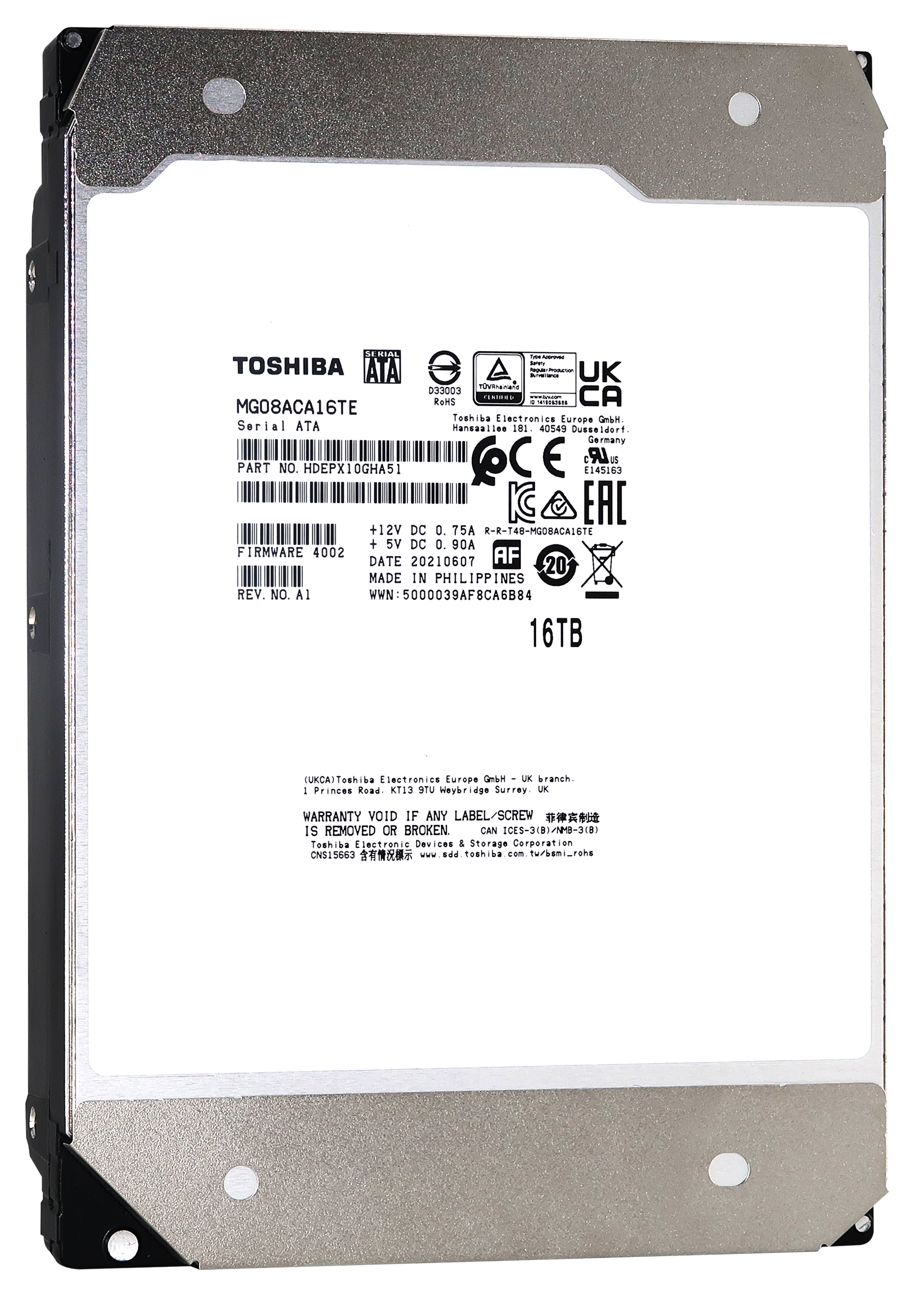 Toshiba MG08 MG08ACA16TE 16TB 7.2K RPM SATA 6Gb/s 3.5in Refurbished HDD - Front View