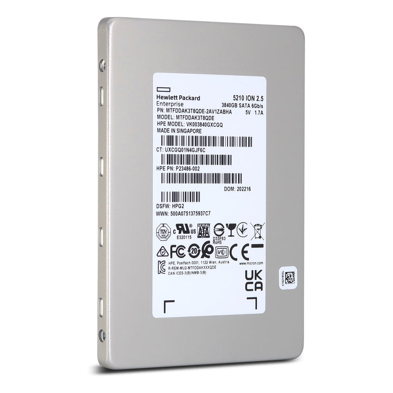 HP / Micron 5210 ION MTFDDAK3T8QDE P23486-002 3.84TB SATA 6Gb/s QLC 2.5in Solid State Drive Front View