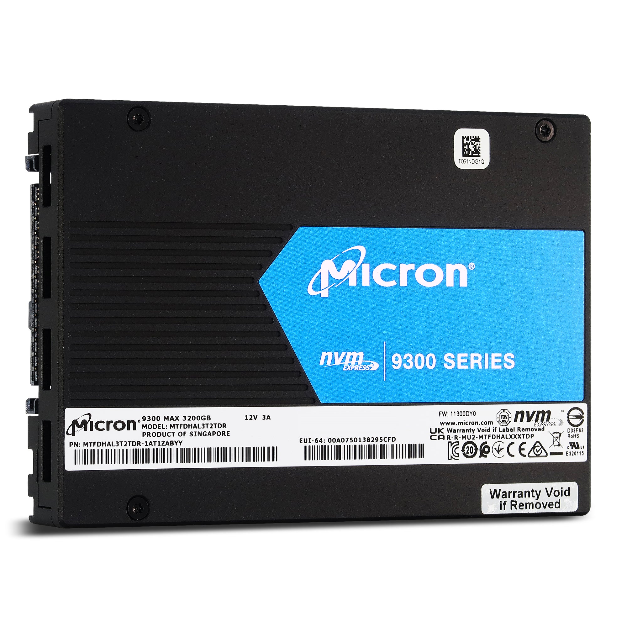 Micron 9300 MAX MTFDHAL3T2TDR 1AT1ZABYY 3.2TB PCIe Gen 3.0 x4 4GB/s 3D TLC U.2 NVMe 3DWPD 2.5in Solid State Drive - Front View