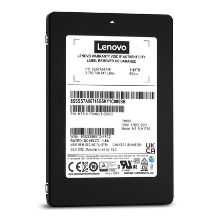 Lenovo / Samsung PM883 MZ7LH1T9HMLT SSS7A06746 1.92TB SATA 6Gb/s 3D TLC 1.3DWPD 2.5in Solid State Drive - Front View