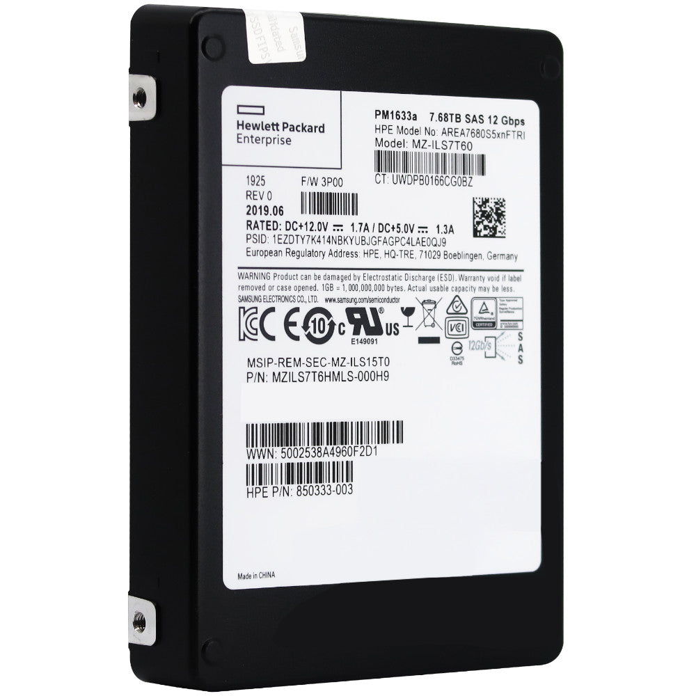 HP PM1633a MZILS7T6HMLS-000H9 850333-003 7.68TB SAS 12Gb/s 2.5in Recertified Solid State Drive