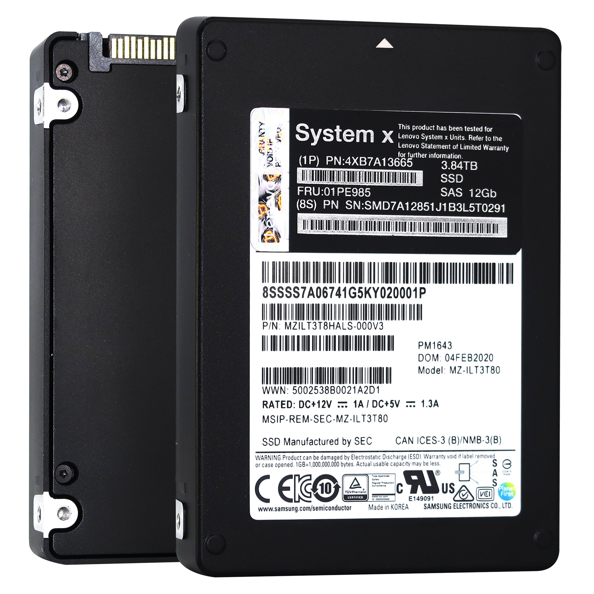 Samsung/Lenovo PM1643 MZILT3T8HALS MZ-ILT3T80 3.84TB SAS 12Gb/s 3D TLC 2.5in Refurbished SSD