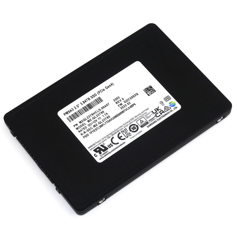 Samsung PM9A3 MZ-QL23T80 MZQL23T8HCLS-00A07 3.84TB PCIe Gen 4.0 x4 8GB/s Read Intensive 2.5in Solid State Drive - Front View