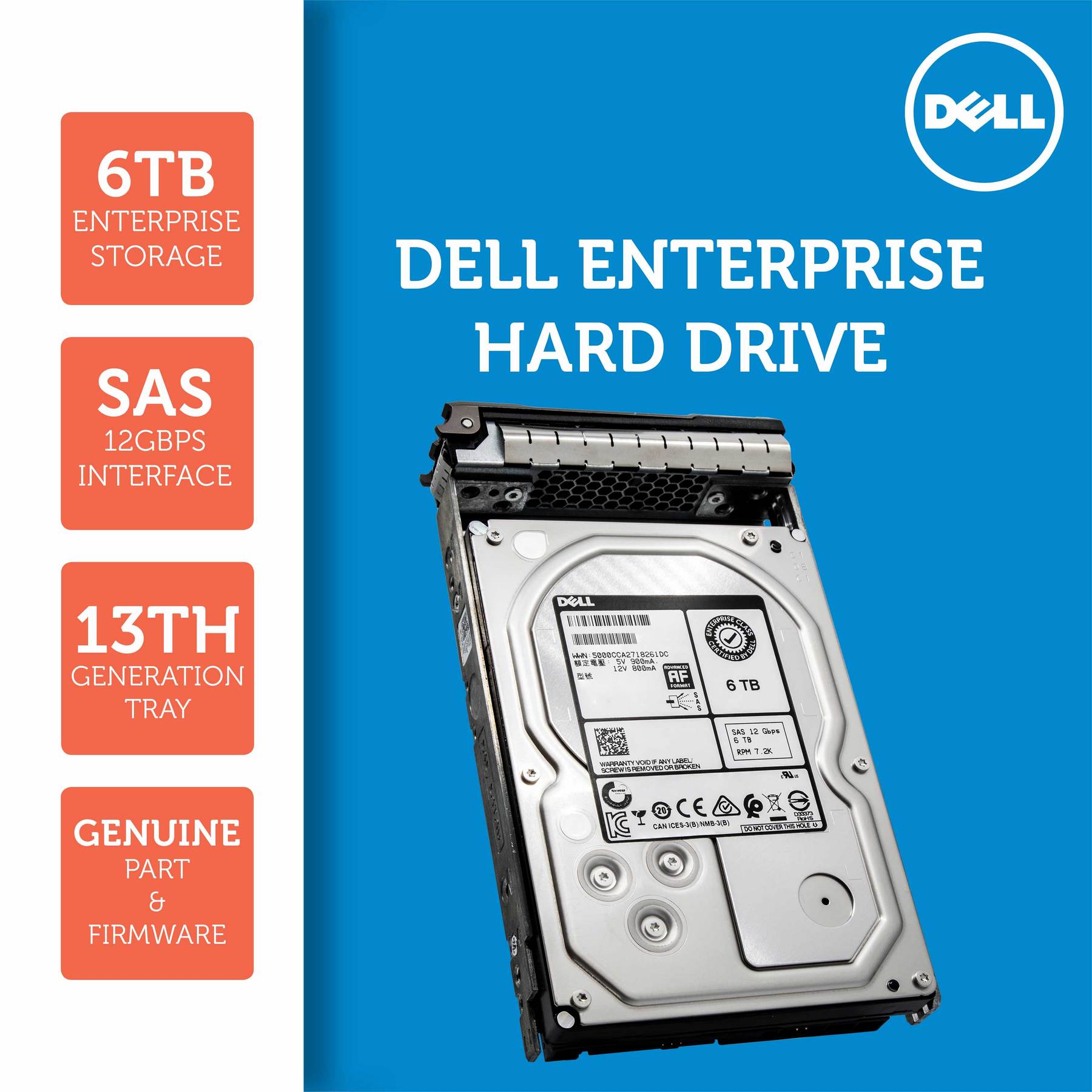 Dell G13 400-AKIH 6TB 7.2K RPM SAS 12Gb/s 512e 3.5" NearLine Hard Drive