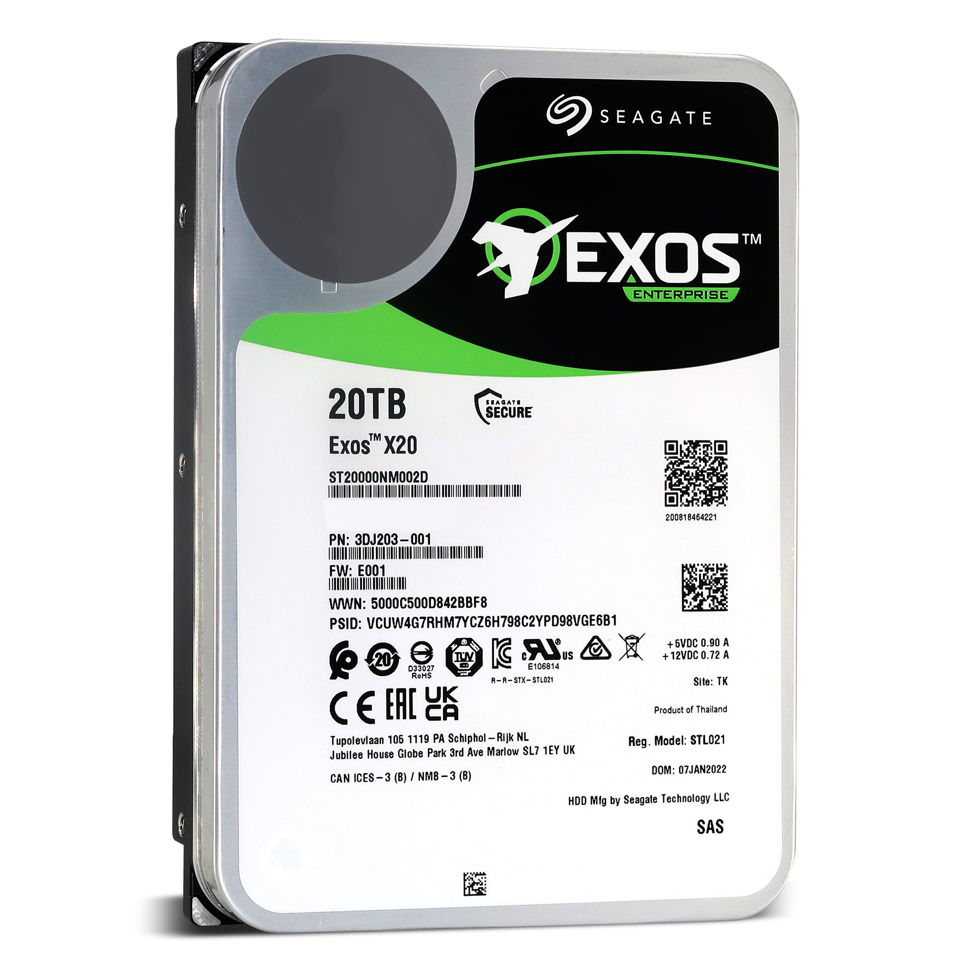 Seagate Exos X20 ST20000NM002D 20TB 7.2K RPM SAS 12Gb/s 3.5in Hard Drive - Front View